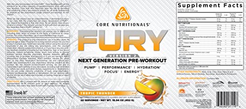 Core Nutritionals Fury V2: Pre-Workout Powder to Maximize Performance in The Gym W/Zum-XR® Caffeine, L-CItruline, and Alpha GPC (40 Scoops) (Tropic Thunder)