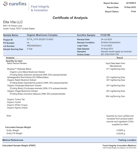 USDA Organic Lions Mane Supplement Capsules with Ashwagandha, Chaga, Reishi, Cordyceps Etta Vita