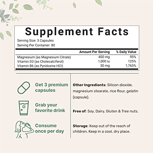 Magnesium Citrate 400mg with Vitamin D3 1000IU & B6, 240 Capsules