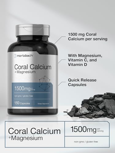 Coral Calcium 1500mg 150 Capsules | Plus Magnesium | Non-GMO, Gluten Free Supplement