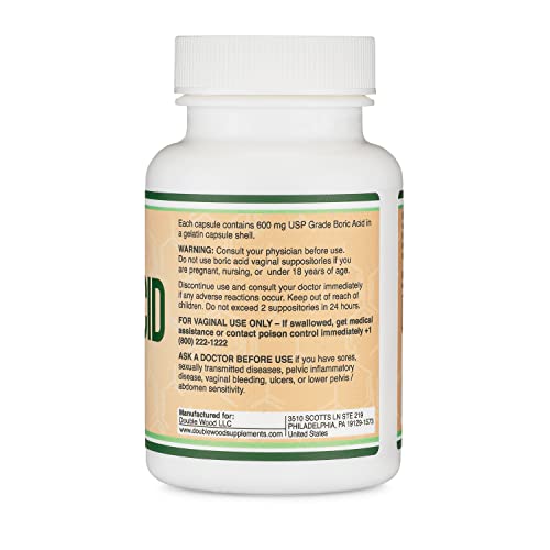 Boric Acid Vaginal Suppositories (600mg, 60 Count) Supports Vaginal pH Balance, Odor Control Double Wood Supplements