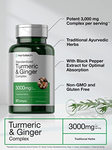 Turmeric and Ginger Supplement 3000 mg | 60 Softgel Capsules | Turmeric Curcumin Complex Horbäach