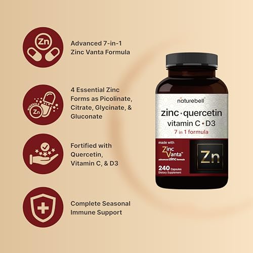 NatureBell Zinc Quercetin with Vitamin C & D3, 240 Capsules | Quercetin 1,000mg, 4 in 1 Zinc 50mg, Vitamin C 250mg, Vitamin D3 5,000 IU – ZincVanta Advanced Immune Defense & Lung Support NatureBell