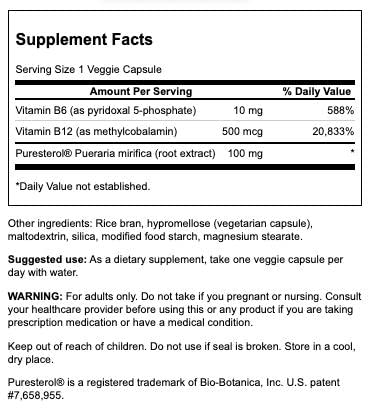 Swanson Pueraria Mirifica with B6 '&' B12 - Featuring Puresterol 60 Veg Caps 2 Pack Swanson