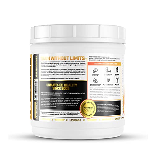 LIMITLESS Magnum 504g - Muscle Workout Powder, Sport Pre Workout for Men and Women, May Assist & Support Increase Energy, Focus, and Endurance - Peach Mango Rush