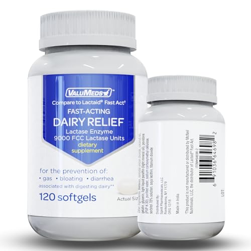 ValuMeds Fast Acting Dairy Relief Lactose Enzymes, 120 Softgels, Help Prevent Gas ValuMeds