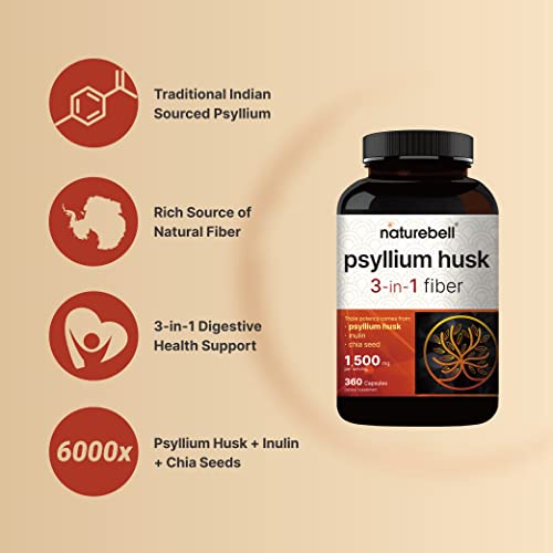 NatureBell Psyllium Husk Capsules 1500mg Per Serving, 360 Count, with Inulin NatureBell