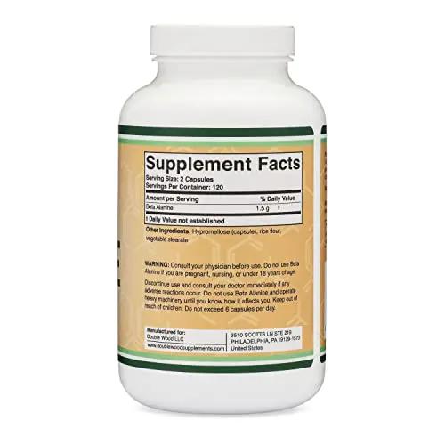 Beta Alanine Powder Capsules (Bulk Jar 240 Pills, 1.5 Gram Servings) Stimulant Free Pre Double Wood Supplements