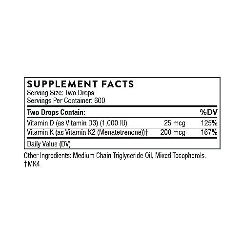THORNE Vitamin D + K2 Liquid with a metered Dispenser - Vitamins D3 and K2 to Support