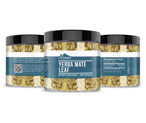 Earthborn Elements Yerba Mate Leaf 200 Capsules, Pure & Undiluted, No Additives