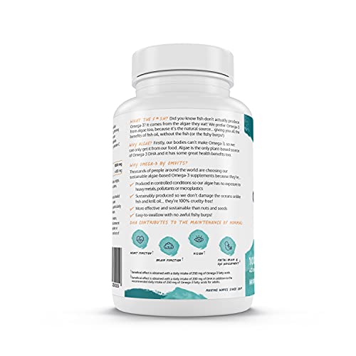 Omvits Vegan Omega 3 DHA from Algae Oil 1000mg - 60 Softgel Capsules with Vitamin E