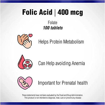 Folic Acid Supplement 100 Tablets 400 mcg by Natural Systems - Prenatal Vitamin for Women Perfect