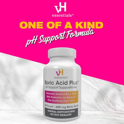 vH essentials Boric Acid Plus Vaginal Suppositories, Prebiotic Infused with Soothing Aloe Vera, pH