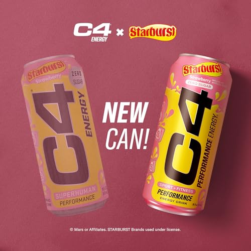 Cellucor C4 Energy Drink, STARBURST Strawberry, Carbonated Sugar Free Pre Workout Performance Drink with no Artificial Colors or Dyes, Pack of 24
