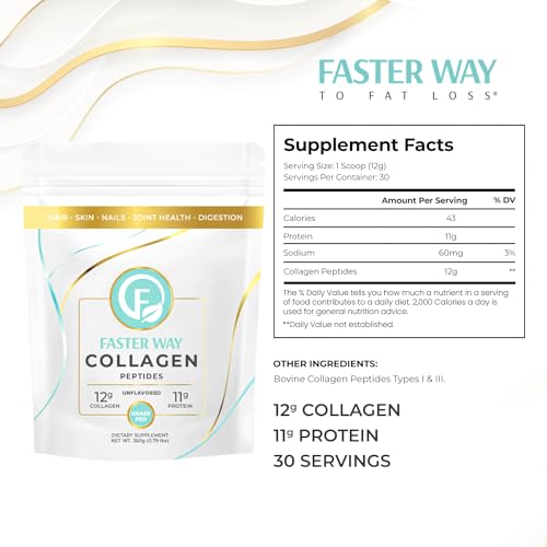 FASTer Way to Fat Loss, Unflavored, 360g Grass-Fed Beef Collagen Peptides for Skin