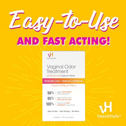 vH essentials Vaginal Odor Treatment - pH Balanced Vaginal Suppositories - 6 Tablets With Applicator, White