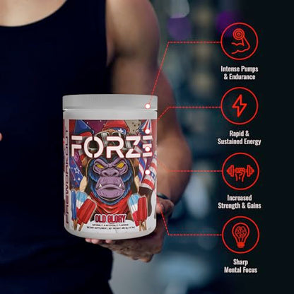Forze Pre Workout Powder, Beta Alanine, L-Taurine & Dual-Source Caffeine for Sustained Energy. Himalayan Pink Salt, Betaine Anhydrous & L-Citrulline for Pump. No Useless Filler - 14.3 oz (Old Glory)
