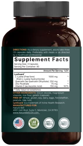 NatureBell L-Lysine 1000mg + Quercetin 250mg Supplement, 240 Capsules, Free Form NatureBell