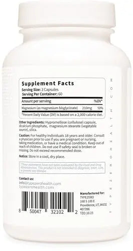 Type Zero Magnesium Glycinate (210mg | 180 Capsules) Pure, Non-GMO, Gluten Free