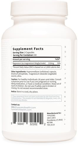 Type Zero Magnesium Glycinate (210mg | 180 Capsules) Pure, Non-GMO, Gluten Free Type Zero