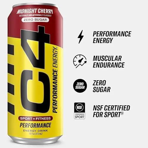 C4 Energy Carbonated Zero Sugar Energy Drink, Pre Workout Drink + Beta Alanine, Midnight Cherry, 16 Fl Oz (Pack of 24)