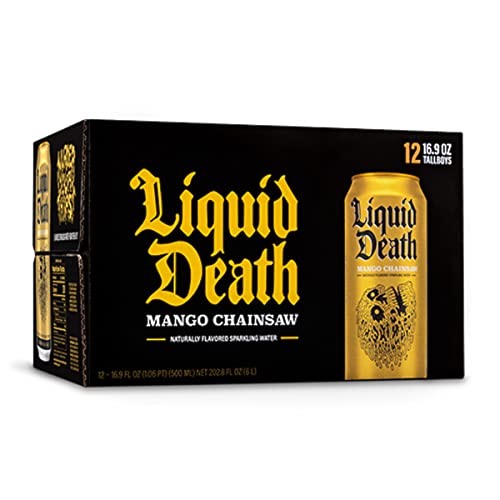 Liquid Death Flavored Sparkling Water with Agave, Mango Chainsaw, 16.9 oz Tallboys