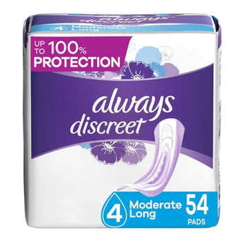 Always Discreet Adult Moderate Long Incontinence Pads, Up to 100% Leak Always Discreet