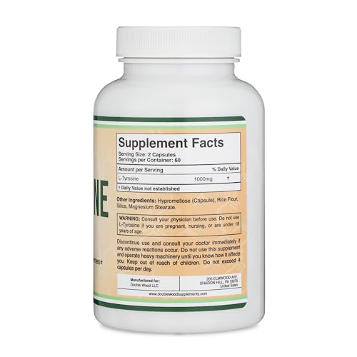 L-Tyrosine 1,000mg per Serving, 120 Veggie Capsules (L Tyrosine Supplement for Memory