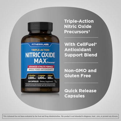 Fitness Labs Nitric Oxide Supplement | 3000mg | 120 Capsules | Nitric Oxide Pre Workout