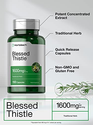 Blessed Thistle Capsules 1600 mg | 150 Count | Max Potency | Non-GMO, Gluten Free Horbäach