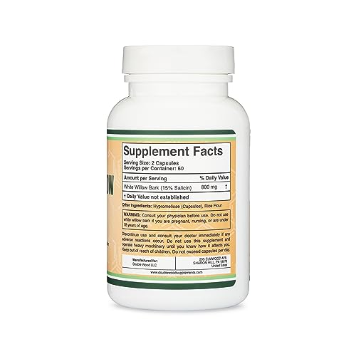 White Willow Bark Capsules 800mg per Serving, 120 Count (Willow Bark Extract Std. Double Wood Supplements