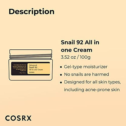COSRX Snail Mucin 92% Moisturizer 3.52oz/ 100g, Daily Repair Face Gel