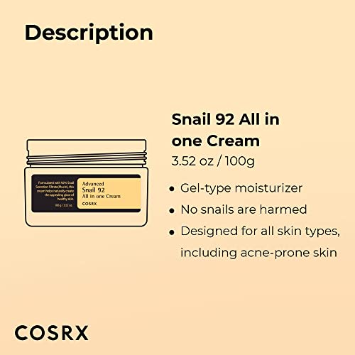 COSRX Snail Mucin 92% Moisturizer 3.52oz/ 100g, Daily Repair Face Gel 