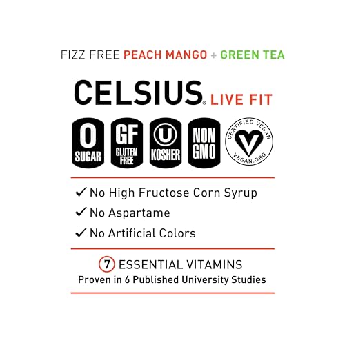 CELSIUS Peach Mango Green Tea, Functional Essential Energy Drink 12 Fl Oz (Pack of 12) CELSIUS
