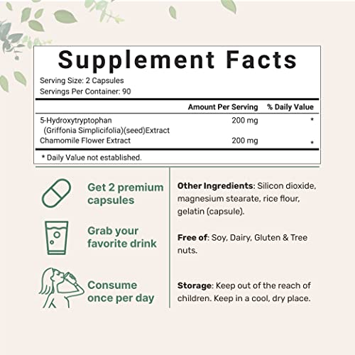 Micro Ingredients 5-HTP 200mg with Chamomile Flower Extract, 180 Capsules, 2 in 1 Formula Micro Ingredients