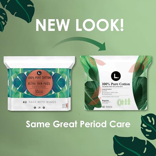 L. Pure Cotton Topsheet Pads for Women, Regular Absorbency, Ultra Thin Pads with Wings