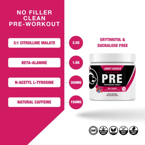 Honey Badger Pre Workout Powder, Keto Vegan Preworkout for Men & Women with Vitamin C