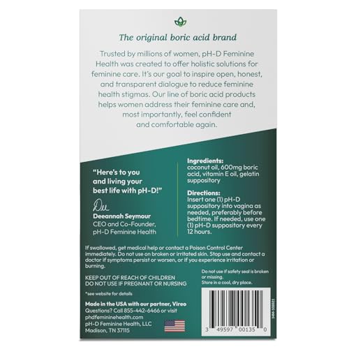pH-D Feminine Health - Boric Acid Moisturizing Suppository - Woman Owned - for Vaginal Odor pH-D Feminine Health Support