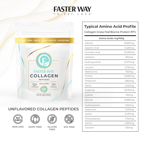 FASTer Way to Fat Loss, Unflavored, 360g Grass-Fed Beef Collagen Peptides for Skin