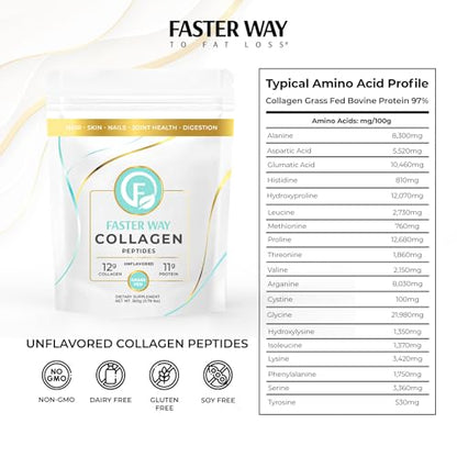FASTer Way to Fat Loss, Unflavored, 360g Grass-Fed Beef Collagen Peptides for Skin
