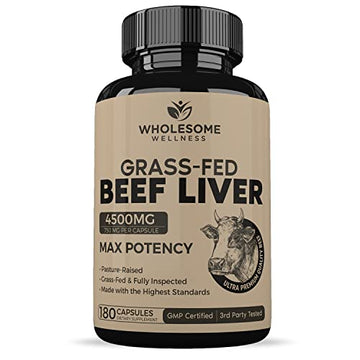 Grass Fed Desiccated Beef Liver Capsules (180 Pills, 750mg Each) - Natural Iron, Vitamin A