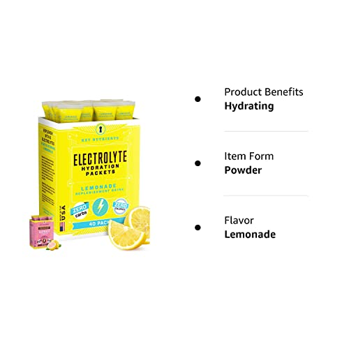 KEY NUTRIENTS Multivitamin Electrolytes Powder Packets - Refreshing Lemonade 40 Pack Hydration Packets - Travel Hydration Powder - No Sugar, No Calories, Gluten Free - Made in USA