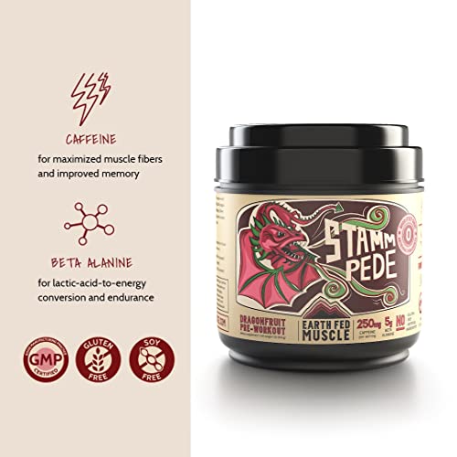 Earth Fed Muscle Stammpede DragoFruit Punch Pre Workout, 30 Servings, Boost Energy, Increase Endurance and Focus, Beta-Alanine, 250mg Caffeine, Citrulline Malate, Taurine, Tyrosine - Keto, No Sugar