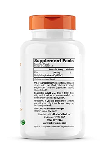 Doctor's Best MSM with OptiMSM, Non-GMO, Gluten Free, Joint Support, 1500 mg