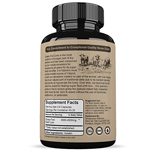 Grass Fed Desiccated Beef Liver Capsules (180 Pills, 750mg Each) - Natural Iron, Vitamin A Wholesome Wellness