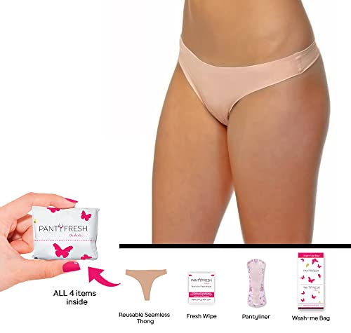 to-Go Panty Kit Includes 4 Items Seamless Thong Underwear Fresh Wipe Pantyliner & Washbag Travel Panty Fresh