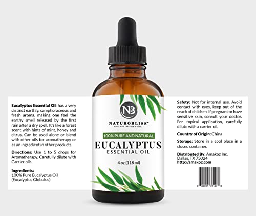 NaturoBliss 100% Pure Natural Undiluted Eucalyptus Essential Oil (4oz) Premium Therapeutic Grade NaturoBliss