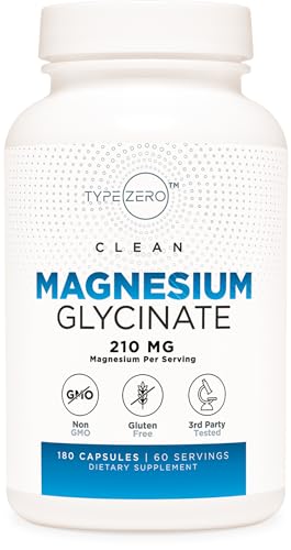 Type Zero Magnesium Glycinate (210mg | 180 Capsules) Pure, Non-GMO, Gluten Free