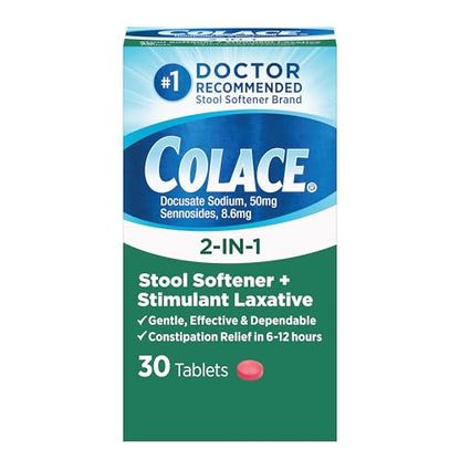 Colace 2-In-1 Stool Softener & Stimulant Laxative Tablets, Gentle Constipation Relief in 6-12 Hours