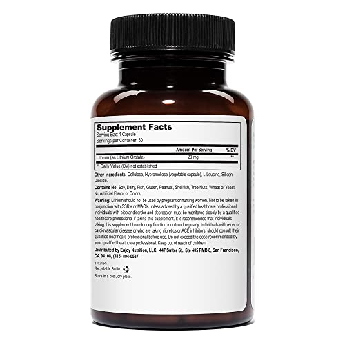 Lithium Orotate 20mg (1 Bottle), 60 Vegetarian Capsules, Lithium Supple
